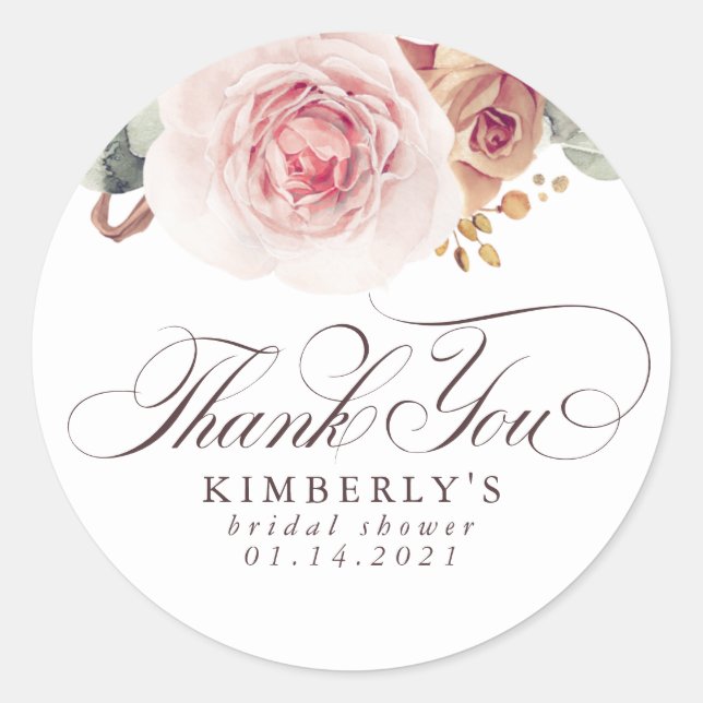 Sticker Rond Fleurs Roses Terreuses Élégant Merci (Devant)