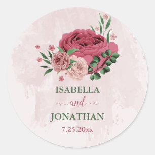 Sticker Rond fleurs roses vert feuille mariage