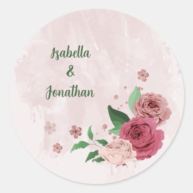 Sticker Rond fleurs roses vert feuille mariage (Devant)