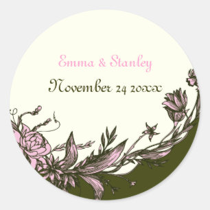 Sticker Rond Fleurs roses vintages vert olive foncé mariage