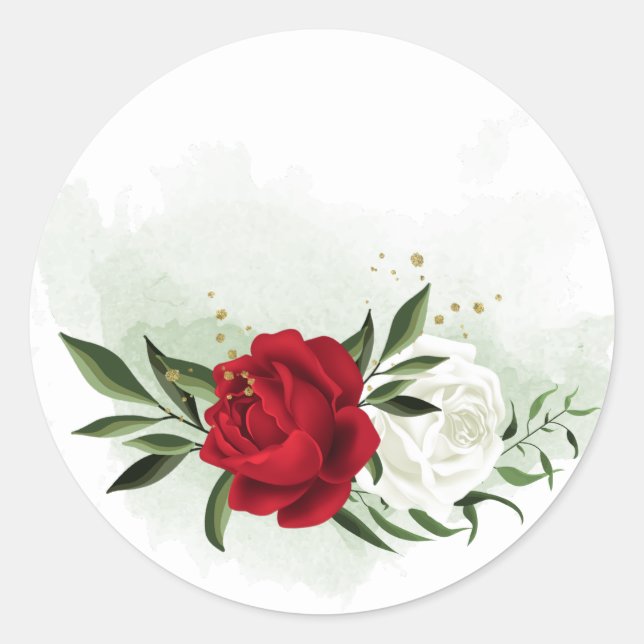 Sticker Rond Fleurs rouges et blanches verdure botanique (Devant)