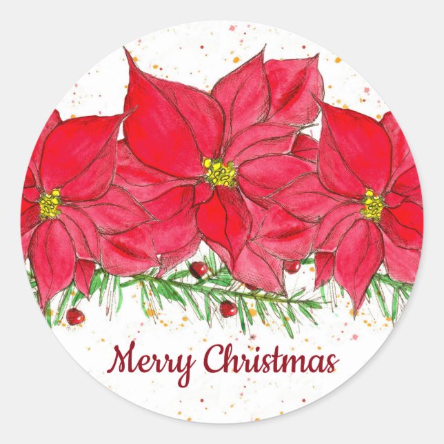 Sticker Rond Fleurs rouges Poinsettia Joyeux Noël (Devant)