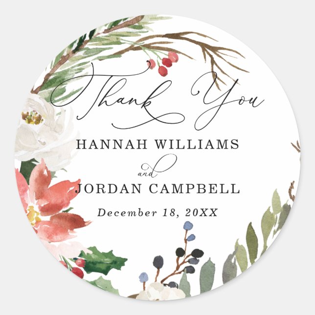 Sticker Rond Fleurs Rustiques d'Hiver | Remerciement de Mariage (Devant)