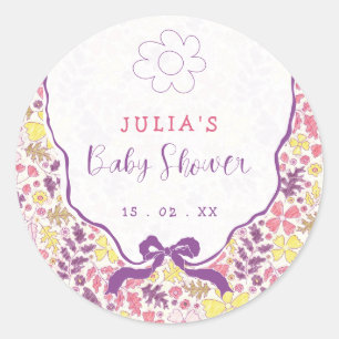Sticker Rond Fleurs sauvages à nœud rose violet Baby Shower