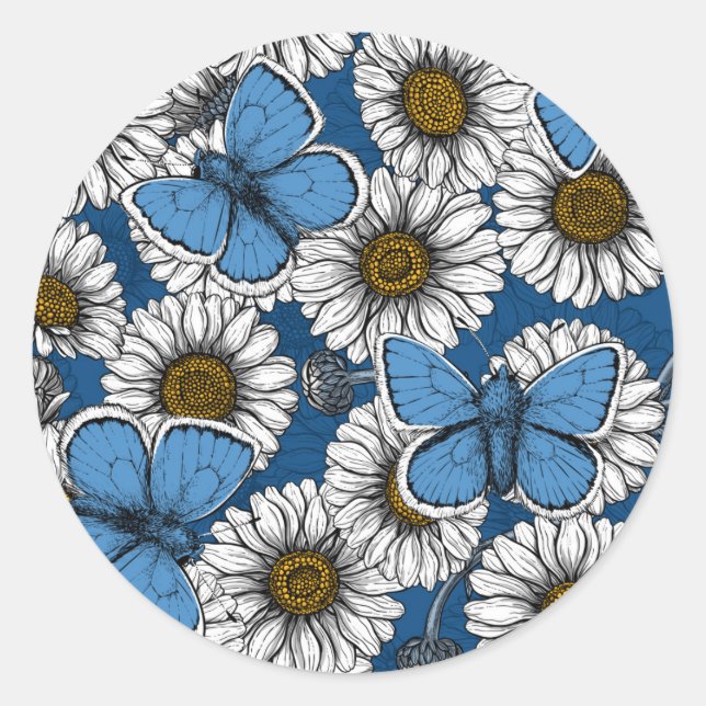 Sticker Rond Fleurs sauvages blanches et papillons bleus (Devant)
