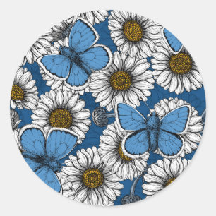 Sticker Rond Fleurs sauvages blanches et papillons bleus