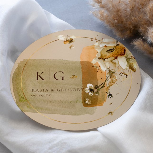 Sticker Rond Fleurs sauvages boho minimaux | Monogramme Mariage (Créateur téléchargé)