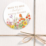 Sticker Rond Fleurs Sauvages Colorées Pays Floral Mlle À Mme.<br><div class="desc">Mariage campagnard de fleurs sauvages colorées Miss To Mrs Fête des mariées Cadeau Favor Stickers Étiquettes présente de jolies fleurs de campagne en orange, jaune, violet et rose sur un arrière - plan blanc avec vos informations personnalisées. Parfait pour votre soirée spéciale Hen's Party, Bachelorette Party, Fête des mariées, Pamper...</div>