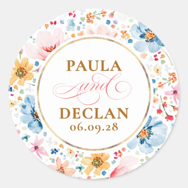 Sticker Rond Fleurs sauvages d'aquarelle mariage élégant (Devant)