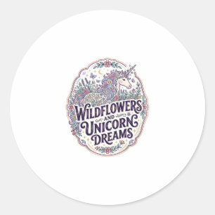Sticker Rond Fleurs sauvages de licorne et rêves de licorne POD