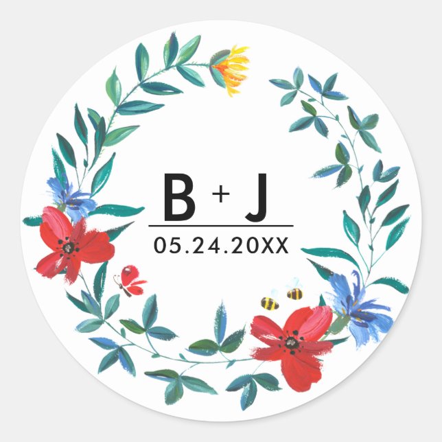 Sticker Rond Fleurs sauvages d'été Monogramme Mariage (Devant)