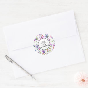Sticker Rond Fleurs sauvages élégantes rose violet à l'aquarell