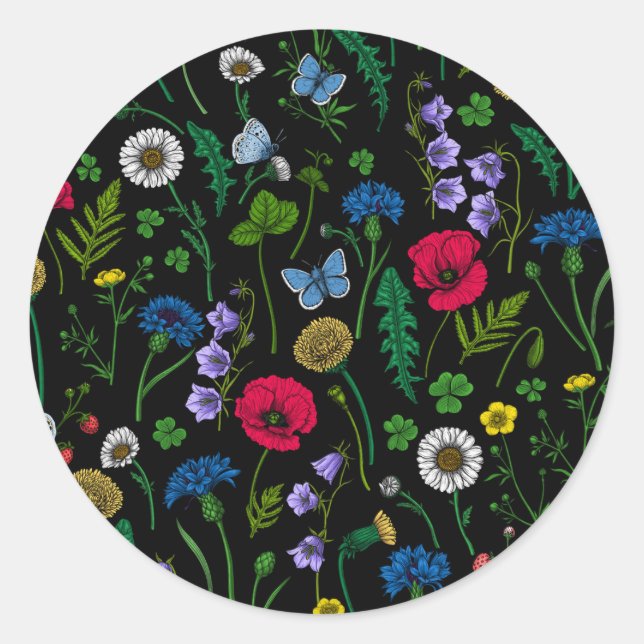 Sticker Rond Fleurs sauvages en noir (Devant)