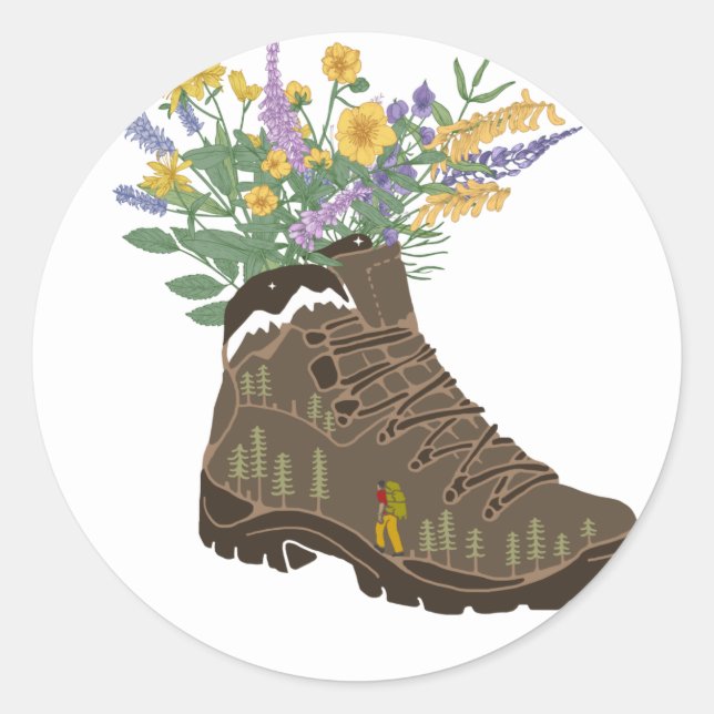 Sticker Rond Fleurs sauvages en Randonnée Boot Camping T-Shirt  (Devant)