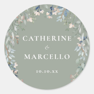 Sticker Rond Fleurs sauvages florales Mariage Vert Sauge