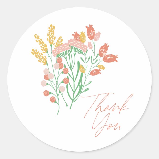 Sticker Rond Fleurs sauvages florales simples Merci Corail Jaun (Devant)