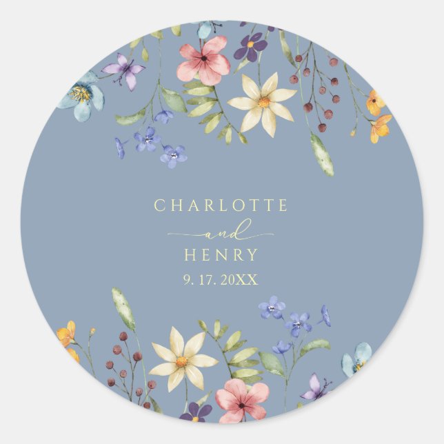 Sticker Rond Fleurs sauvages floraux rustiques Mariage bleu sim (Devant)