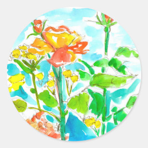 Sticker Rond Fleurs sauvages jaunes Rose orange