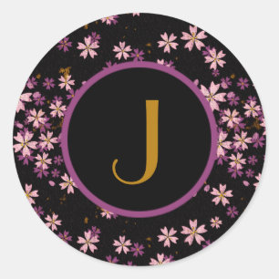Sticker Rond Fleurs sauvages lavande violet Monogramme sur fond