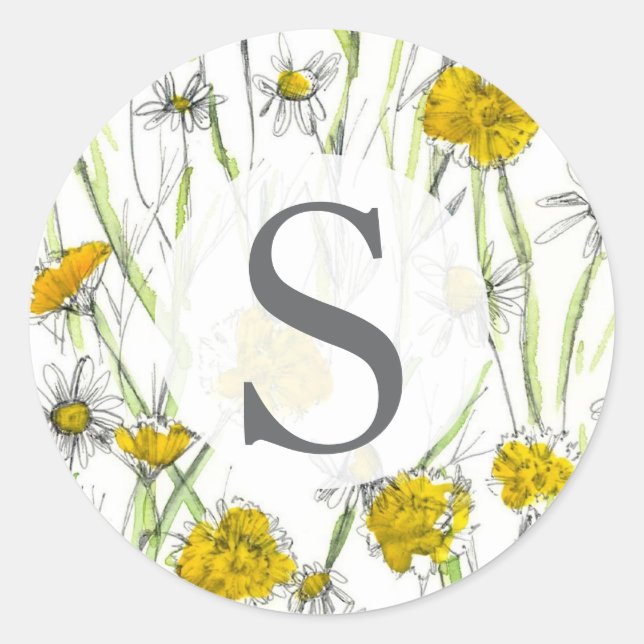 Sticker Rond Fleurs sauvages Monogramme Jaune Aquarelle  (Devant)