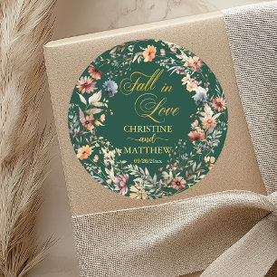 Sticker Rond Fleurs sauvages Or 'Tombez amoureux' Mariage éléga