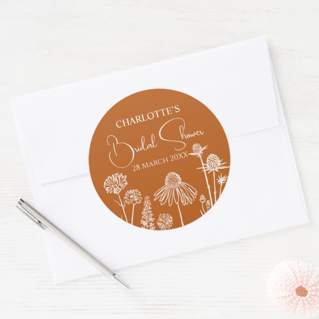 Sticker Rond Fleurs sauvages orange brûlé croquées Baby Shower  (Enveloppe)