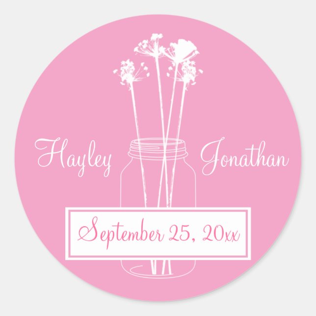Sticker Rond Fleurs sauvages roses et blancs Mason Jar Enregist (Devant)