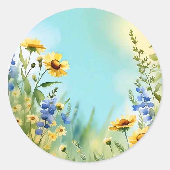 Sticker Rond Fleurs sauvages Springtime En Bleu Doux (Devant)