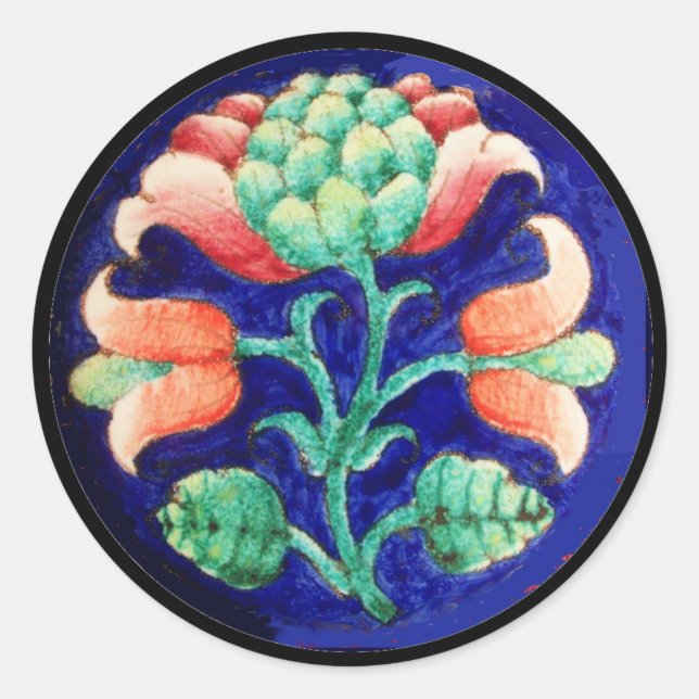 STICKER ROND FLEURS STYLISÉES / ROUGE VERT VERT BLEU FLORAL (Devant)