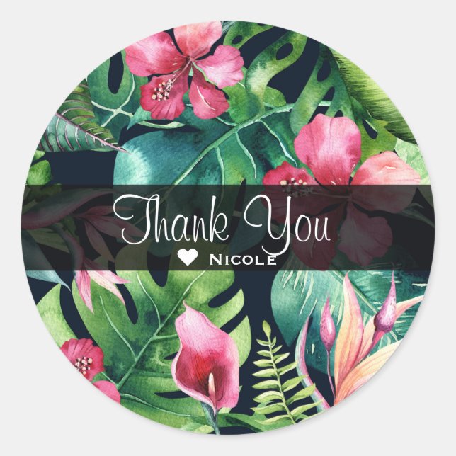 Sticker Rond Fleurs tropicales d'Hibiscus et feuilles de palmie (Devant)