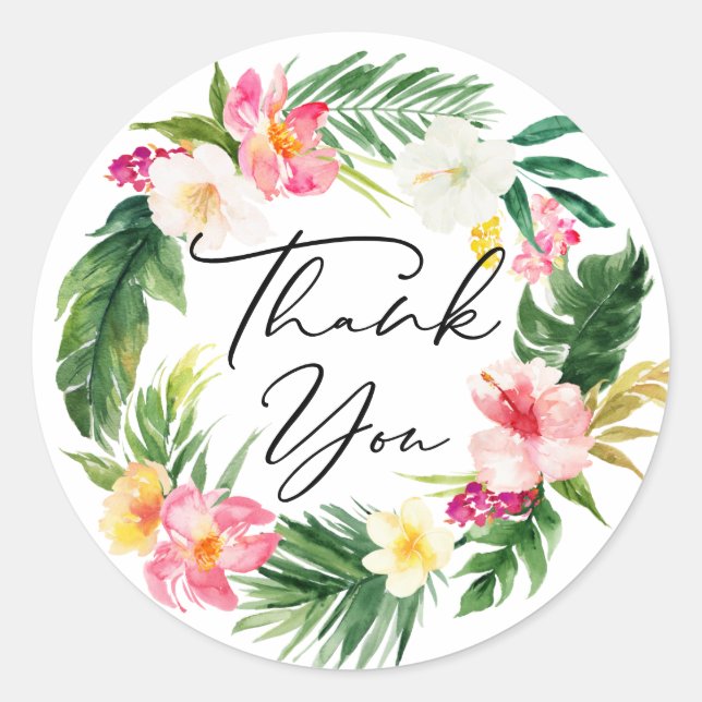 Sticker Rond Fleurs tropicales et verdure à l'aquarelle Merci (Devant)