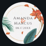 Sticker Rond Fleurs tropicales Mariages<br><div class="desc">Ce design est parfait pour les mariages à thème tropical. Il présente une fleur tropicale élégante qui respire le raffinement et la classe. Customisez le texte,  les images et les polices à votre convenance.</div>