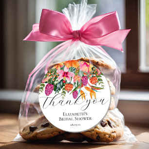 Sticker Rond Fleurs tropicales rose orange Merci de script