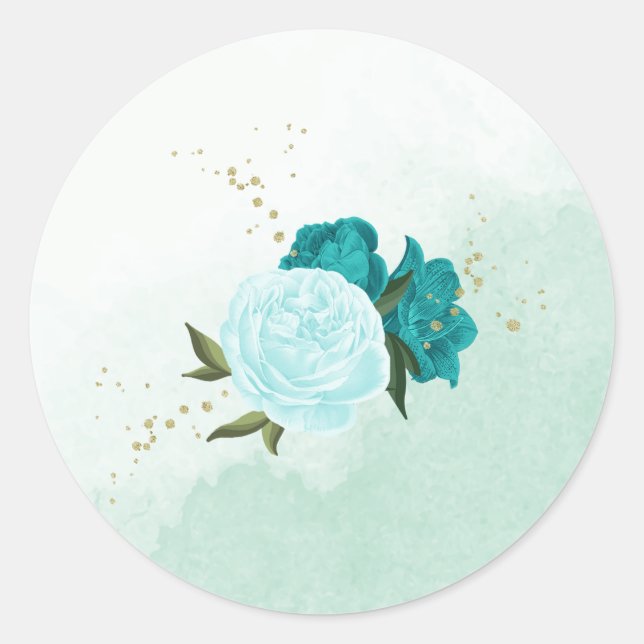 Sticker Rond fleurs turquoise vert feuille mariage (Devant)