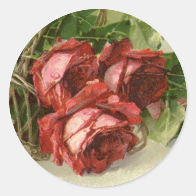 Sticker Rond Fleurs victoriennes vintage, roses rouges (Devant)