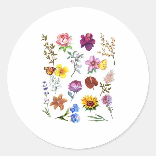 Sticker Rond Fleurs Vintages botaniques Fleur sauvage fermier (Devant)