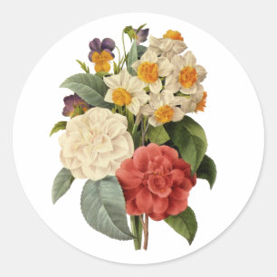 Sticker Rond Fleurs vintages, Camellias et Narcisse, Redoute