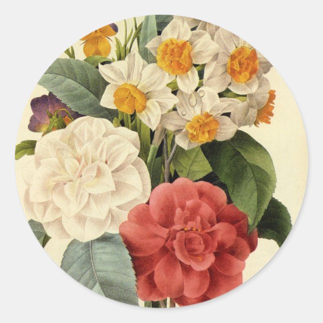 Sticker Rond Fleurs vintages, Camellias et Narcisse, Redoute (Devant)