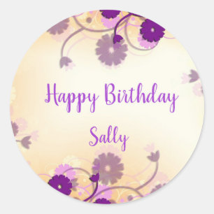 Sticker Rond Fleurs violettes joyeux anniversaire