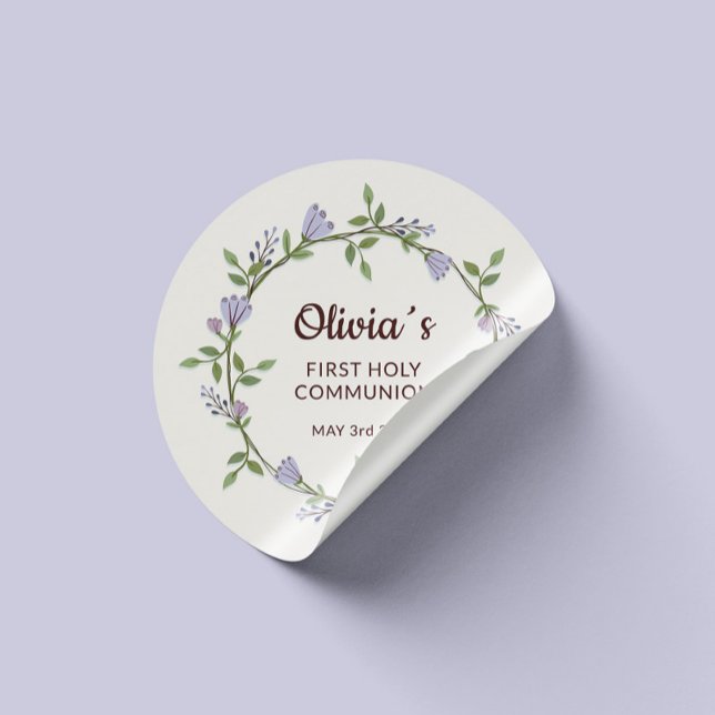 Sticker Rond Fleurs violettes Première communion de germe (Perfect for Communion favors – peel-and-stick simplicity)
