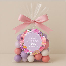 Sticker Rond Fleurs violettes roses 50e anniversaire Merci de f