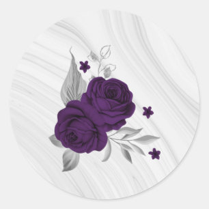 Sticker Rond fleurs violettes royales marbre feuille argent