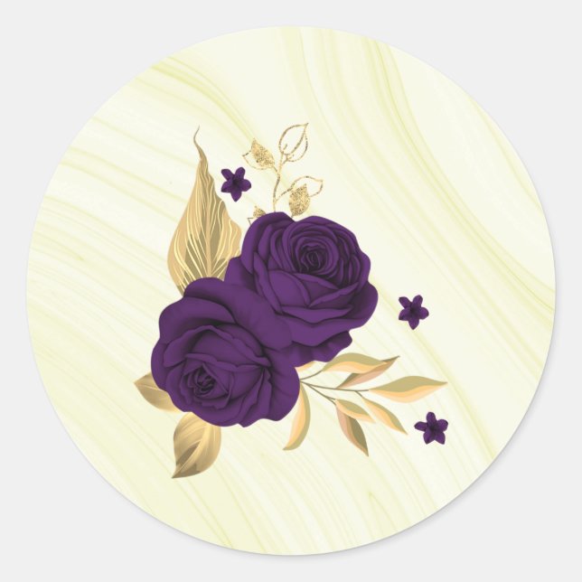 Sticker Rond fleurs violettes royales or marbre feuille (Devant)