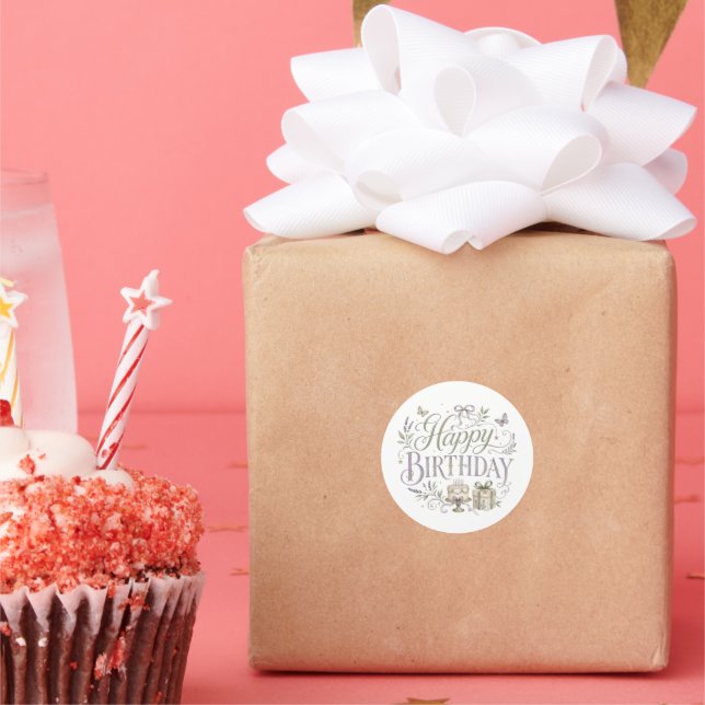 Sticker Rond Fleurs violettes vertes Joyeux Anniversaire  (Fête)