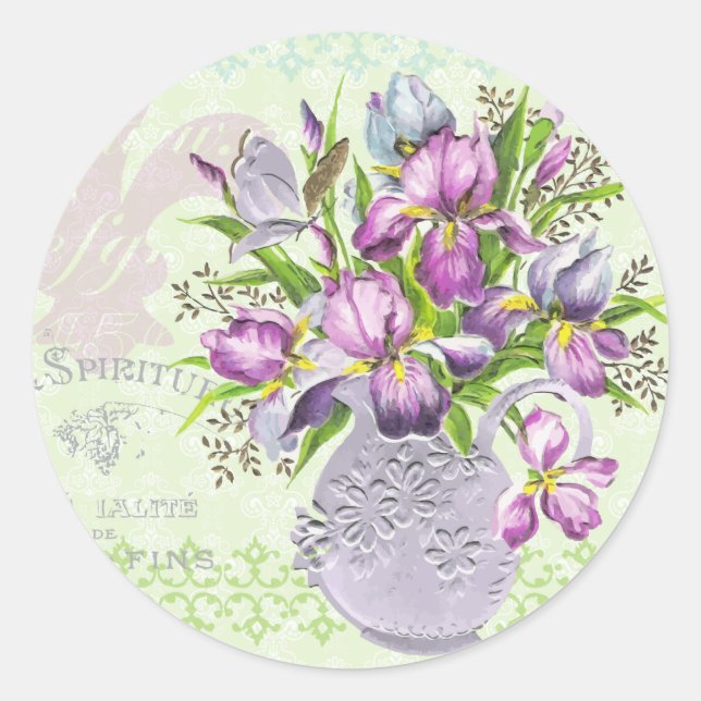 Sticker Rond Fleurs violettes vintages Shabby vert blanc (Devant)