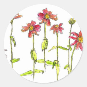 Sticker Rond Fleurs Zinnia Rouge Aquarelle Art Floral