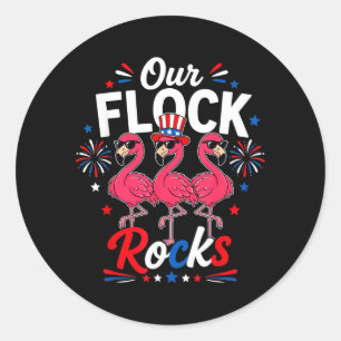 Sticker Rond Flock Rocks Flamant Rose Patriotique Feu D'Artific