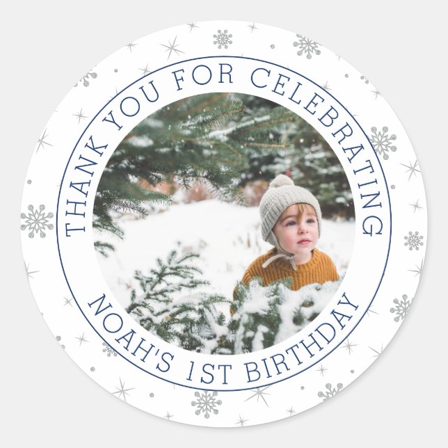 Sticker Rond Flocon de neige argent et bleu | Photo de fête d'a (Devant)