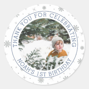 Sticker Rond Flocon de neige argenté et bleu   Photo de fête d'