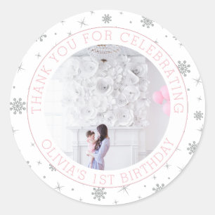 Sticker Rond Flocon de neige argenté et rose   Photo de fête d'